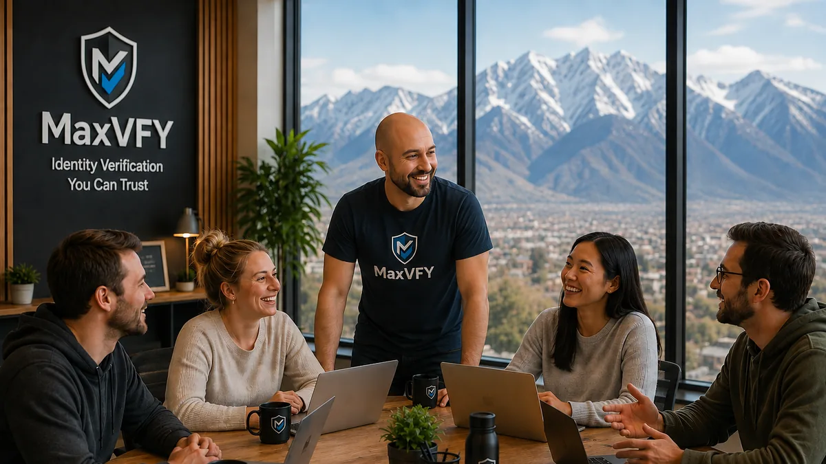 Illustrative MaxVFY collaboration scene in a Utah-inspired startup office setting.