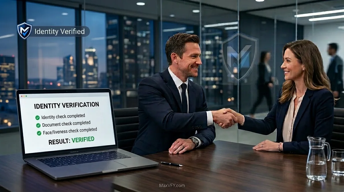Two business professionals shaking hands beside a laptop showing a completed verification result.
