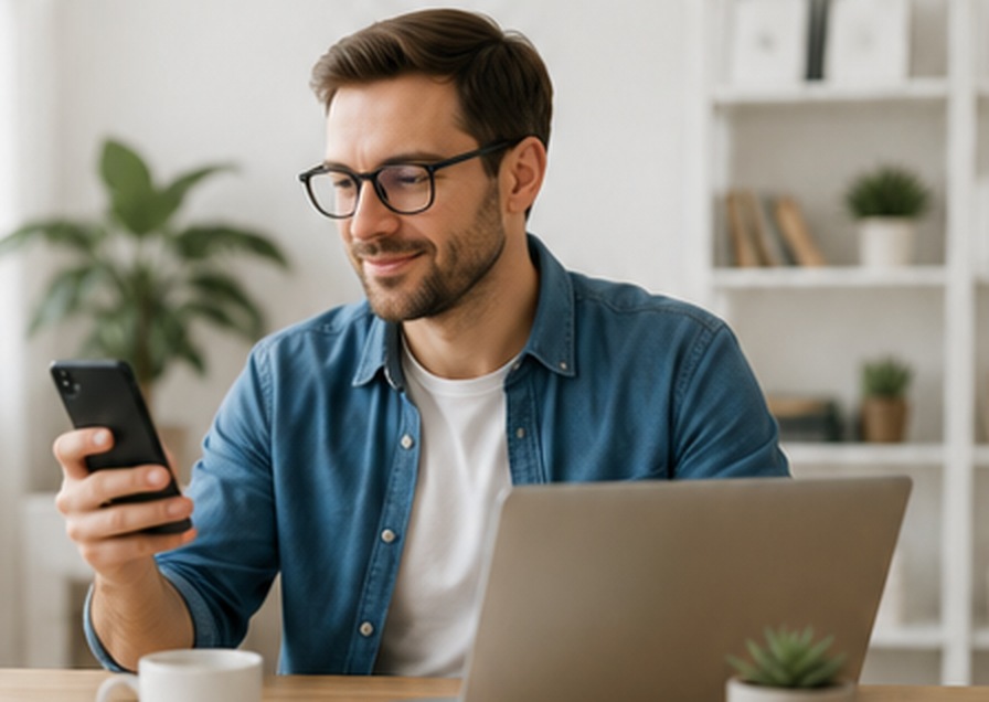 Adult reviewing MaxVFY verification options on a phone beside a laptop