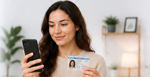 Adult preparing for identity verification with a smartphone and identity document